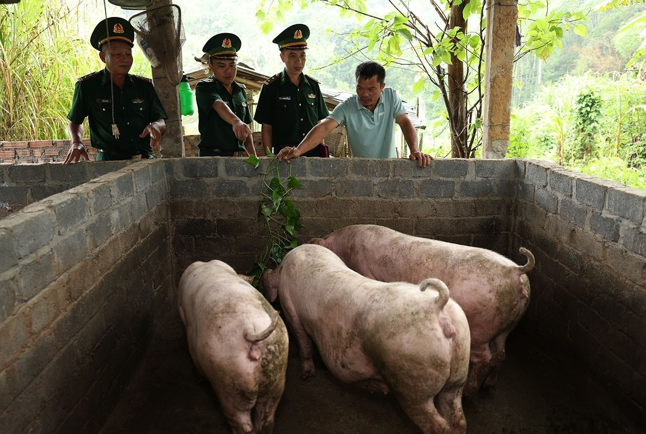 Bộ đội Biên phòng xã Na Mèo đi thăm và kiểm tra mô hình hỗ trợ chăn nuôi phát triển kinh tế tại hộ gia đình anh Lường Hoàng Điểm (dân tộc Thái), bản Son, xã Na Mèo, tỉnh Thanh Hóa. thanh-hoa-131025.jpg