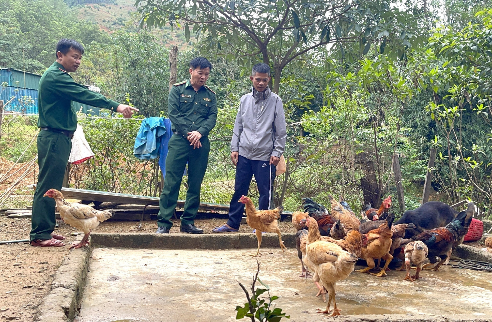 Các cán bộ, chiến sĩ Đồn Biên phòng Cửa khẩu Quốc tế Cha Lo hướng dẫn kĩ thuật chăn nuôi cho người dân. Ảnh: Thanh Thuỷ/TTXVN