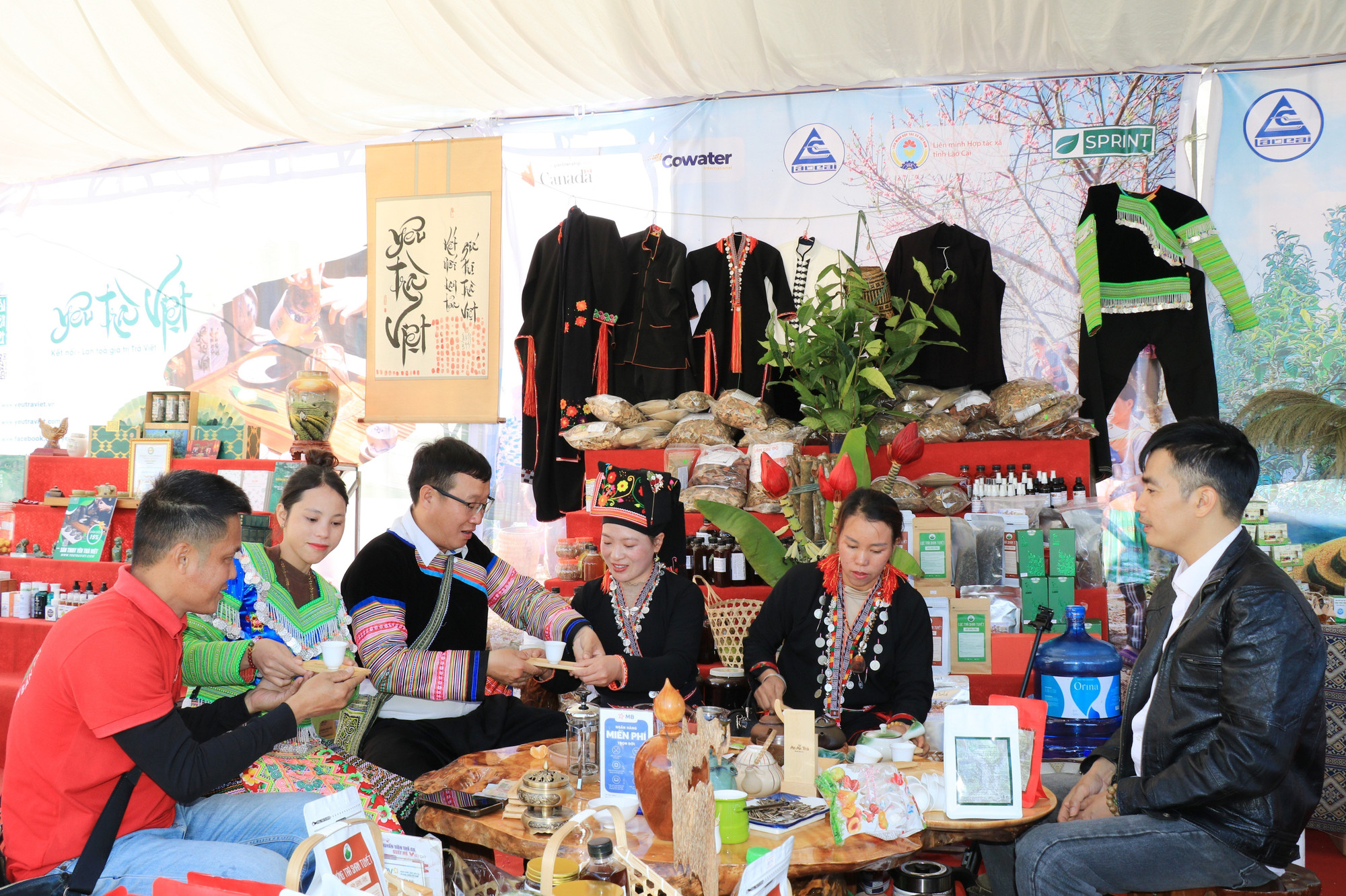 Du khách thưởng trà tại lễ hội.