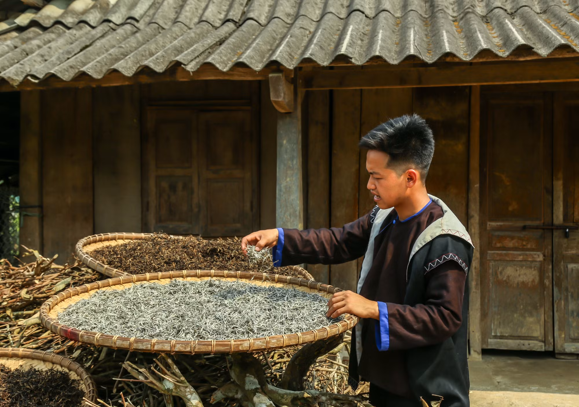 Việc phơi nắng tự nhiên giúp cánh trà khô từ từ, giữ được màu sắc nguyên bản và đặc biệt là bảo toàn lớp lông tơ trắng muốt như tuyết phủ trên búp trà - nét đặc trưng quý giá nhất của đặc sản Suối Giàng.