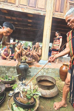 Thầy cúng và già làng người Brâu làm lễ cúng Trỉa lúa. Ảnh: Khoa Chương