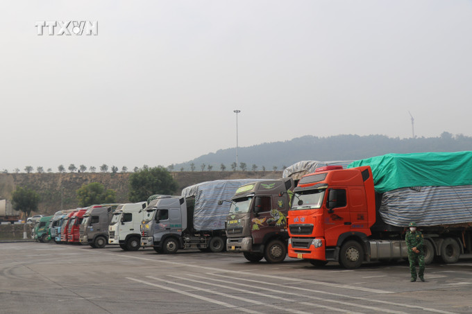 Xe hàng được tập kết vào bãi trước khi làm thủ tục thông quan. Ảnh Hồng Ninh - TTXVN vna-potal-cac-hoat-dong-xuat-nhap-canh-xnk-hang-hoa-qua-cua-khau-lao-cai-dien-ra-thuan-loi-nhanh-chong-7786000.jpg