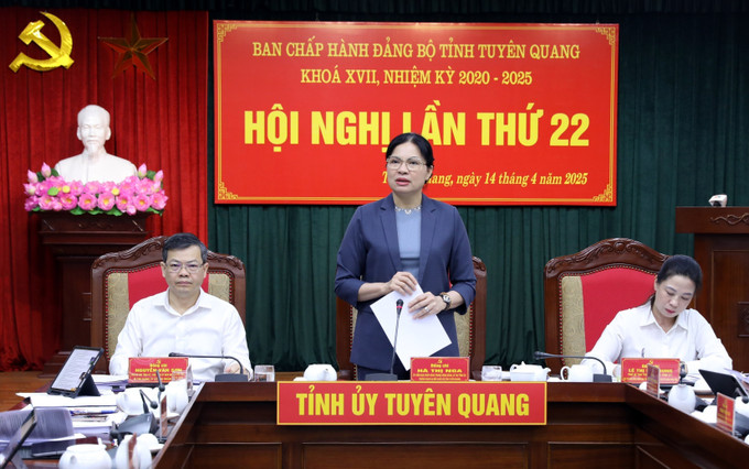 Bà Hà Thị Nga, Bí thư Tỉnh ủy Tuyên Quang phát biểu tại Hội nghị. Ảnh: Quang Cường - TTXVN potal-hoi-nghi-ban-chap-hanh-dang-bo-tinh-tuyen-quang-lan-thu-22-7971310.jpg