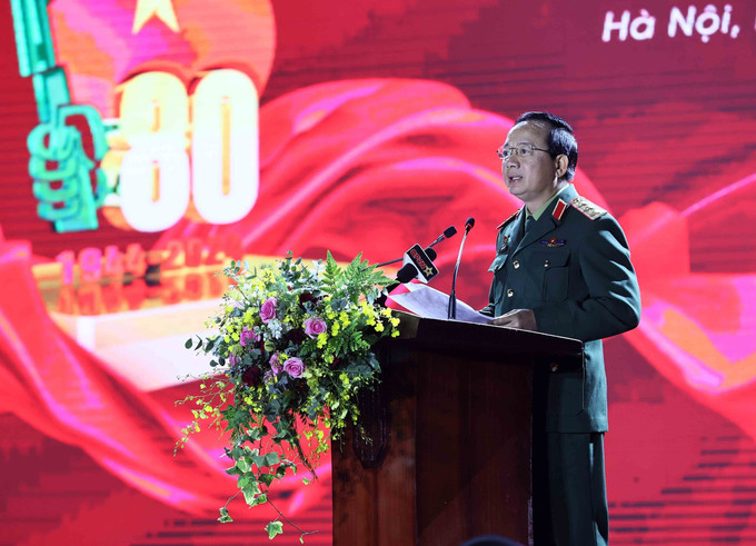 Thượng tướng Trịnh Văn Quyết, Bí thư Trung ương Đảng, Ủy viên Quân ủy Trung ương, Chủ nhiệm Tổng cục Chính trị Quân đội nhân dân Việt Nam phát biểu. Ảnh: An Đăng - TTXVN potal-trien-lam-80-nam-van-hoa-van-nghe-quan-doi-7768372.jpg