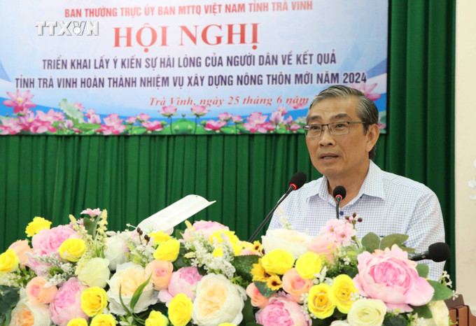 Chủ tịch Ủy ban MTTQ Việt Nam tỉnh Trà Vinh Nguyễn Văn Triết phát biểu tại Hội nghị. Ảnh: Thanh Hòa - TTXVN vna_potal_tra_vinh_lay_y_kien_su_hai_long_cua_nguoi_dan_trong_xay_dung_nong_thon_moi_7447747.jpg