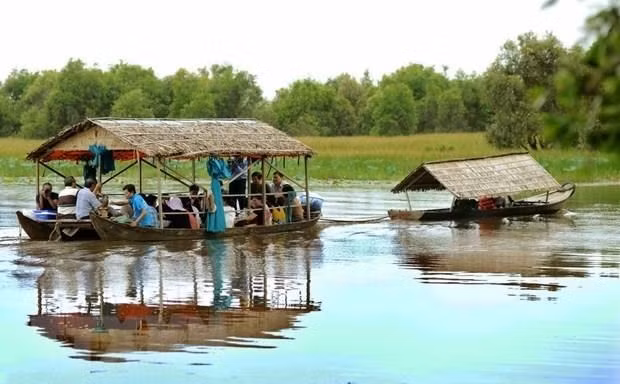 Du khách tham quan Vườn quốc gia Tràm Chim bằng nhà nổi trên sông. Ảnh: An Hiếu/TTXVN