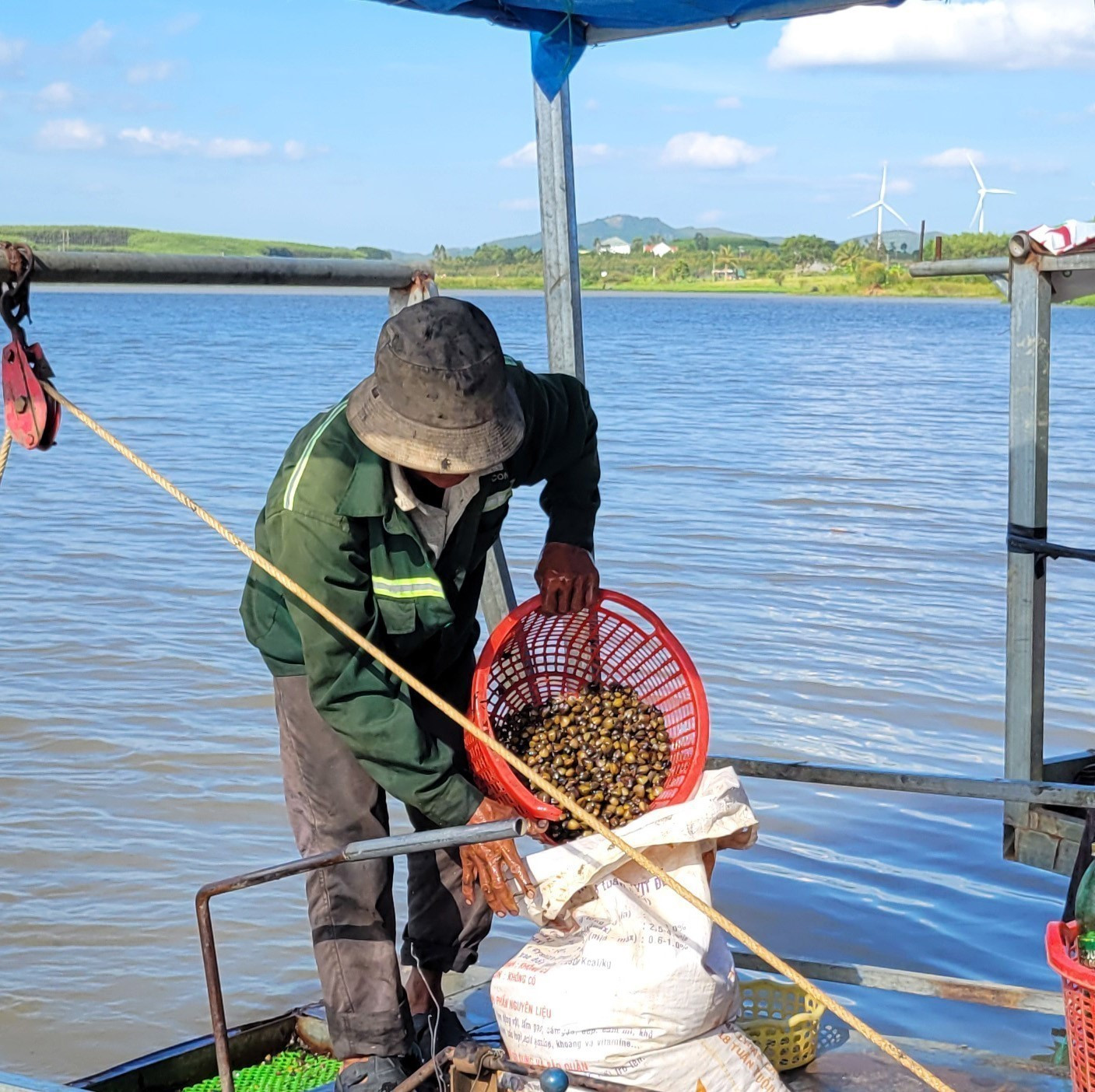 Người dân khai thác hến trên lòng hồ thuỷ điện An Khê - Kanak, tỉnh Gia Lai. Ảnh: Hoài Nam/TTXVN khai-thac-hen-26925-10.jpg