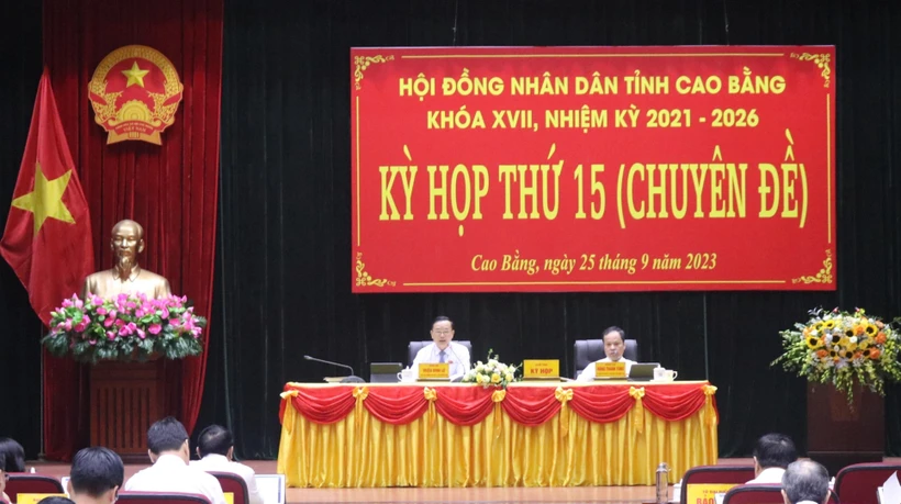 Quang cảnh Kỳ họp thứ 15 (chuyên đề), Hội đồng nhân dân tỉnh Cao Bằng khoá XVII, nhiệm kì 2021-2026. Ảnh: Chu Hiệu-TTXVN.