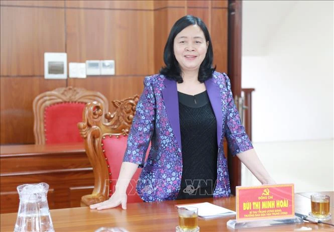 Bí thư Trung ương Đảng, Trưởng Ban Dân vận Trung ương Bùi Thị Minh Hoài phát biểu tại buổi làm việc. Ảnh: TTXVN phát.