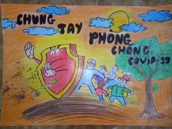 Tranh vẽ cổ động phòng chống dịch COVID-19 của học sinh huyện Thanh Oai (Hà Nội). Ảnh: soyte.hanoi.gov.vn