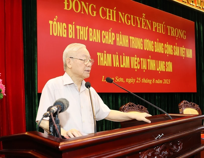 Tổng Bí thư Nguyễn Phú Trọng phát biểu tại buổi làm việc với Ban Thường vụ và lãnh đạo tỉnh Lạng Sơn. Ảnh: Trí Dũng - TTXVN