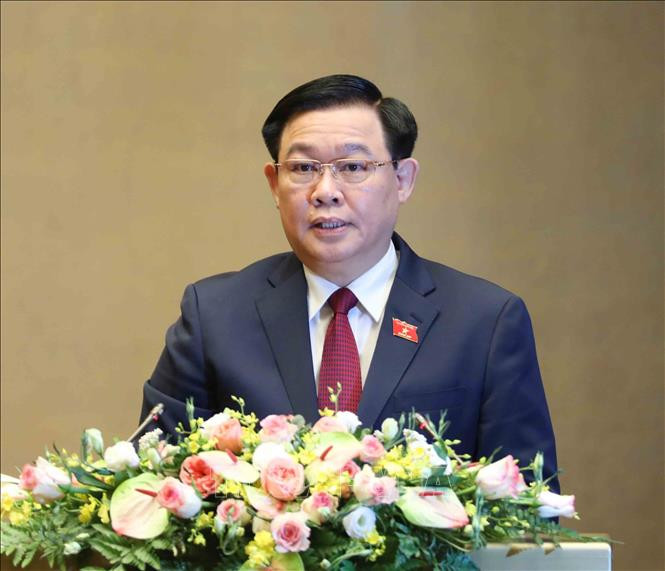 Chủ tịch Quốc hội Vương Đình Huệ phát biểu bế mạc kỳ họp thứ 11 - kỳ họp cuối cùng của Quốc hội khóa XIV. Ảnh: Phương Hoa - TTXVN