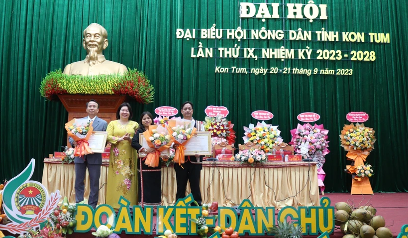 Trung ương Hội Nông dân Việt Nam trao Bằng khen cho 3 tập thể có thành tích tốt trong công tác Hội Nông dân. Ảnh: Khoa Chương - TTXVN