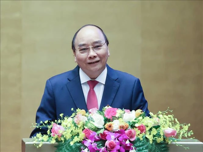 Thủ tướng Nguyễn Xuân Phúc giới thiệu, quán triệt chuyên đề: “Chiến lược phát triển kinh tế - xã hội 10 năm 2021 – 2030 và phương hướng, nhiệm vụ phát triển kinh tế - xã hội 5 năm 2021 - 2025”. Ảnh: Thống Nhất - TTXVN