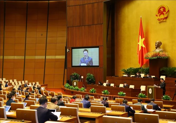 Bộ trưởng Bộ Tài chính Hồ Đức Phớc trình bày Tờ trình về dự án Luật Kinh doanh bảo hiểm (sửa đổi). Ảnh: Văn Điệp - TTXVN