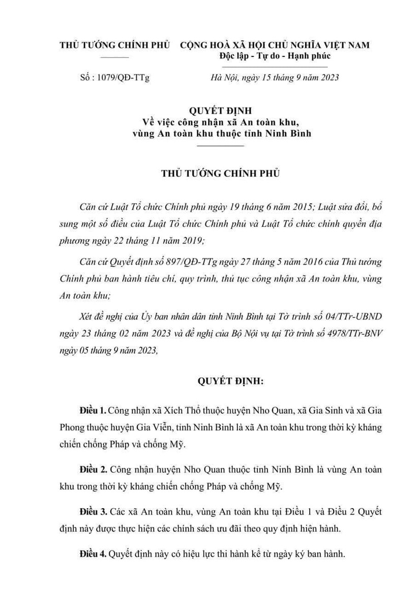 Công nhận xã An toàn khu, vùng An toàn khu thuộc tỉnh Ninh Bình