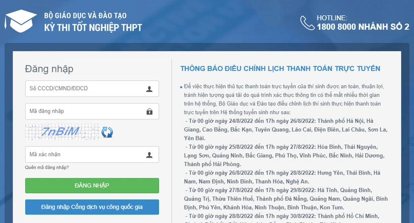 Thí sinh vào địa chỉ thisinh.thitotnghiepthpt.edu.vn/Account/Login trên Internet để đăng nhập và làm thủ tục thanh toán trực tuyến. Ảnh: DTMN