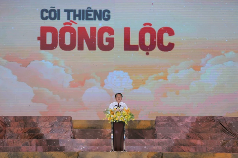 Ủy viên Bộ Chính trị, Giám đốc Học viện Chính trị quốc gia Hồ Chí Minh, Chủ tịch Hội đồng Lý luận Trung ương Nguyễn Xuân Thắng phát biểu tại chương trình. Ảnh: Phan Quân - TTXVN