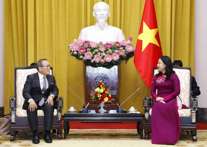 Phó Chủ tịch nước Võ Thị Ánh Xuân tiếp Chủ tịch Hãng Thông tấn Kyodo News (Nhật Bản) Toru Mizutani. Ảnh: An Đăng - TTXVN