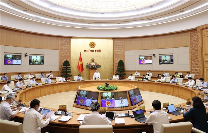 Sáng 6/9/2021, tại Trụ sở Chính phủ, Thủ tướng Phạm Minh Chính chủ trì Phiên họp Chính phủ thường kỳ về tình hình phát triển kinh tế-xã hội tháng 8 và triển khai nhiệm vụ những tháng cuối năm 2021. Ảnh: Dương Giang-TTXVN