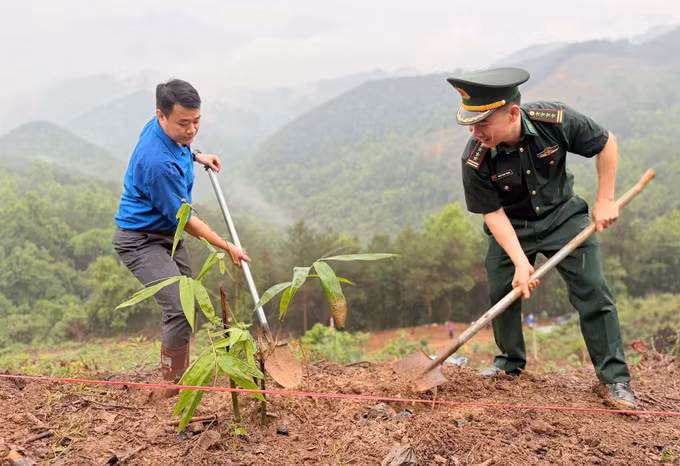 Lãnh đạo Tỉnh đoàn và lãnh đạo Ban Chỉ huy Bộ đội Biên phòng Lạng Sơn trồng tre trên tuyến biên giới xã Ba Sơn. Ảnh: TTXVN phát