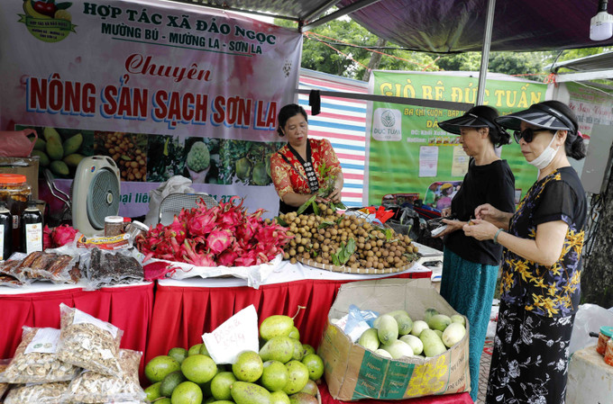 Gian trưng bày giới thiệu sản phẩm nông sản đạt tiêu chuẩn Ocop đến từ huyện Mường La, tỉnh Sơn La. Ảnh: Trần Việt – TTXVN Nông nghiệp xanh (Bài 3) ảnh 1
