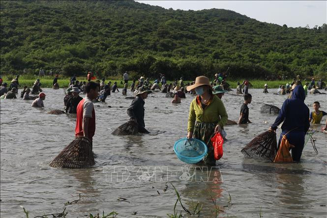 Sau khi có khẩu lệnh của người đứng đầu xã, hàng trăm người dân với các ngư cụ như: nơm, vó, lưới, nhủi... ào xuống đầm bắt cá. Ảnh: Hoàng Ngà – TTXVN Độc đáo lễ hội đánh cá Đồng Hoa ảnh 2