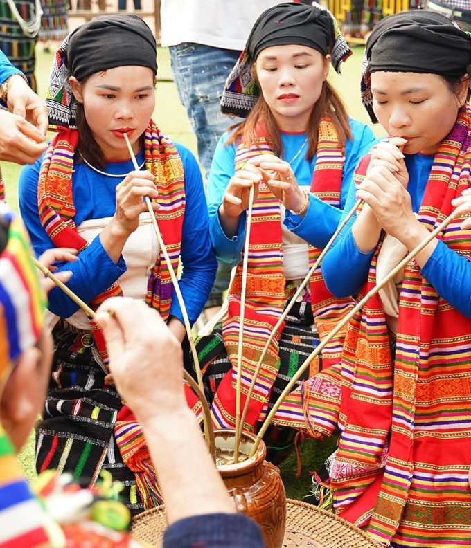 Phong tục uống rượu cần là một phần quan trọng trong các lễ hội của đồng bào Thái đen. Ảnh: Khánh Hoà – TTXVN Tái hiện Lễ Chá Mùn của người Thái đen (Thanh Hóa) ảnh 12