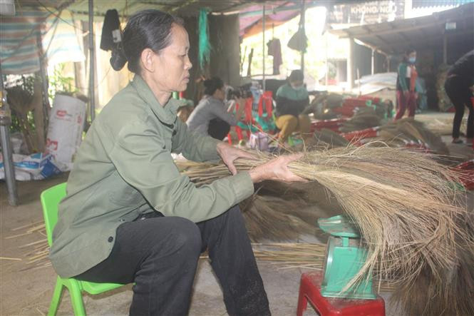 Hiện cơ sở đang tạo việc làm cho khoảng 60 lao động địa phương, trong đó có 40 lao động thường xuyên là chị em phụ nữ có hoàn cảnh khó khăn, đơn thân, khuyết tật với thu nhập bình quân từ 6 - 7 triệu đồng/người/tháng. Ảnh: Hoa Mai - TTXVN Chị Hoàng Thị Hưng làm giàu từ sản xuất chổi đót ảnh 4