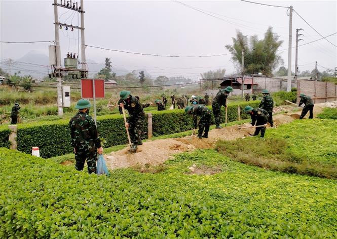 Đoàn viên, thanh niên khối quân sự tỉnh Lai Châu tổ chức Ngày Chủ nhật xanh. Ảnh: Nguyễn Oanh - TTXVN. Thiết thực các hoạt động Ngày Chủ nhật xanh tại Lai Châu ảnh 2