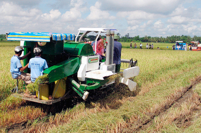 Thu hoạch lúa bằng máy gặt đập liên hợp ở huyện Mỹ Xuyên (Sóc Trăng). Ảnh: Trung Hiếu Mỹ Xuyên về đích nông thôn mới ảnh 1