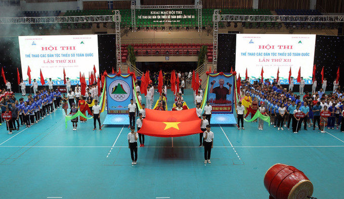 Quang cảnh lễ khai mạc. Ảnh: Quốc Khánh - TTXVN Khai mạc Hội thi thể thao các dân tộc thiểu số toàn quốc lần thứ XII ảnh 1