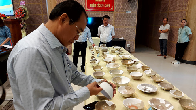 Các đại biểu tham quan nhóm đồ sứ, đồ bán sứ và đồ sành được khai quật tại di tích Vòng Thành Đá Trắng. Ảnh: Huỳnh Sơn-TTXVN Chùm ảnh về di tích thành cổ Vòng Thành Đá Trắng ảnh 9