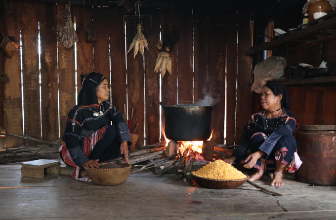 Bên ánh lửa bập bùng trên sàn nhà, những người phụ nữ trong làng thay phiên nhau canh nồi nấu cơm rượu cần. Ảnh: Hồng Điệp – TTXVN Say nồng rượu cần men lá Tây Nguyên ảnh 7