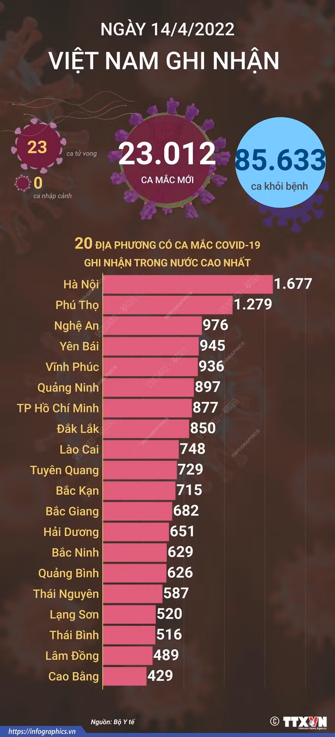 Dịch COVID-19: Ngày 14/4, số mắc mới giảm còn 23.012 ca, thêm 85.633 ca khỏi bệnh ảnh 1