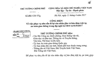 Công điện bảo đảm trật tự an toàn giao thông dịp nghỉ Lễ 30/4 - 1/5