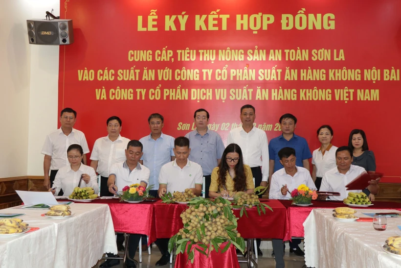 Đại diện các doanh nghiệp, hợp tác xã ký kết ký kết hợp đồng cung cấp, tiêu thụ nông sản an toàn Sơn La vào suất ăn của các chuyến bay. Ảnh: Hữu Quyết - TTXVN 