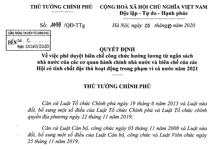 Thủ tướng Chính phủ phê duyệt tổng biên chế công chức năm 2021