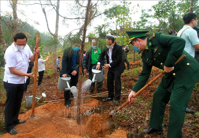 Các đại biểu tham gia "Tết trồng cây đời đời nhớ ơn Bác Hồ". Ảnh: Tường Vi - TTXVN.