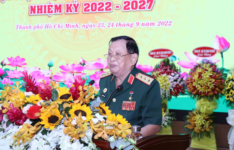 Thượng tướng Nguyễn Văn Được, Chủ tịch Hội Cựu chiến binh Việt Nam, phát biểu tại Đại hội Hội Cựu chiến binh Thành phố Hồ Chí Minh lần thứ VII, nhiệm kỳ 2022-2027. Ảnh: Xuân Khu-TTXVN 