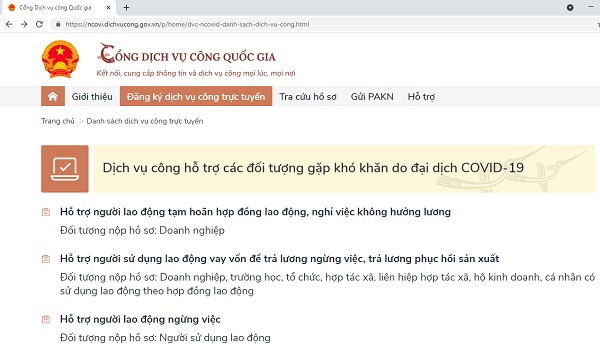 Dịch vụ công trực tuyến hỗ trợ người dân, DN chịu ảnh hưởng, gặp nhiều khó khăn do COVID-19 tại địa chỉ: ncovi.dichvucong.gov.vn. Nguồn:baochinhphu.vn 