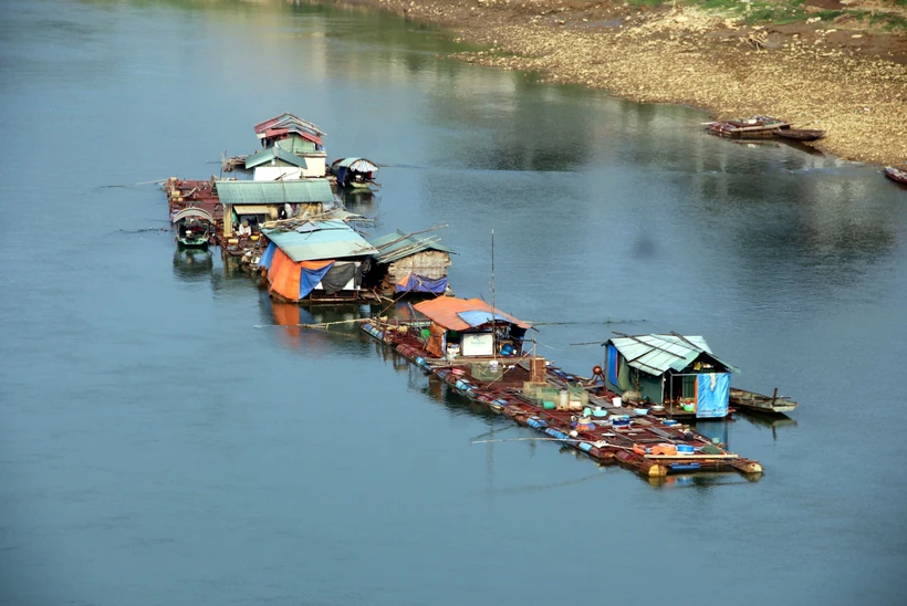 Một số lồng nuôi cá trên sông Lô, địa phận phường Nông Tiến, thành phố Tuyên Quang. Ảnh: Vũ Quang – TTXVN 