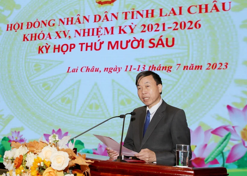 Tân Chủ tịch UBND tỉnh Lai Châu nhiệm kỳ 2021-2026 Lê Văn Lương phát biểu. Ảnh: Quý Trung – TTXVN