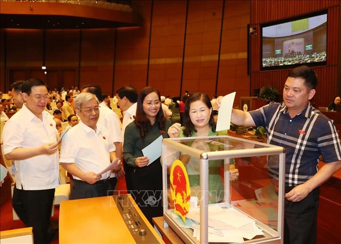 Các đại biểu Quốc hội bỏ phiếu bầu Chủ tịch Hội đồng bầu cử quốc gia và miễn nhiệm một số chức danh. Ảnh: Trọng Đức - TTXVN