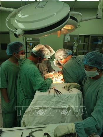 Các bác sỹ Bệnh viện Trung ương Huế thực hiện ghép thận tự thân cho nữ bệnh nhân. Ảnh: TTXVN phát