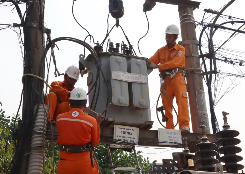 Công ty Điện lực Quảng Bình triển khai kiểm tra, sửa chữa mạng lưới điện. Ảnh: TTXVN phát 