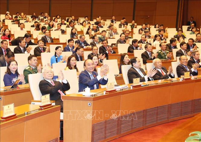 Tổng Bí thư, Chủ tịch nước Nguyễn Phú Trọng, Thủ tướng Nguyễn Xuân Phúc cùng nhiều đồng chí lãnh đạo, nguyên lãnh đạo Đảng, nhà nước dự phiên bế mạc. Ảnh: Trọng Đức - TTXVN