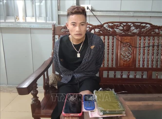 Đối tượng Lò Văn Hà cùng tang vật bị bắt trong chuyên án 921D. Ảnh: TTXVN phát 