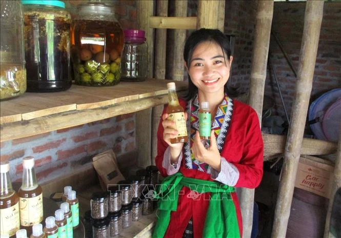 Chi Nguyễn Lê Ngọc Linh (người Thổ, sinh năm 1990), thôn Thanh Xuân, xã Hóa Quỳ, huyện miền núi Như Xuân, tỉnh Thanh Hóa và sản phẩm mật ong sạch của Vườn rừng bản Thổ. Ảnh: Nguyễn Nam-TTXVN