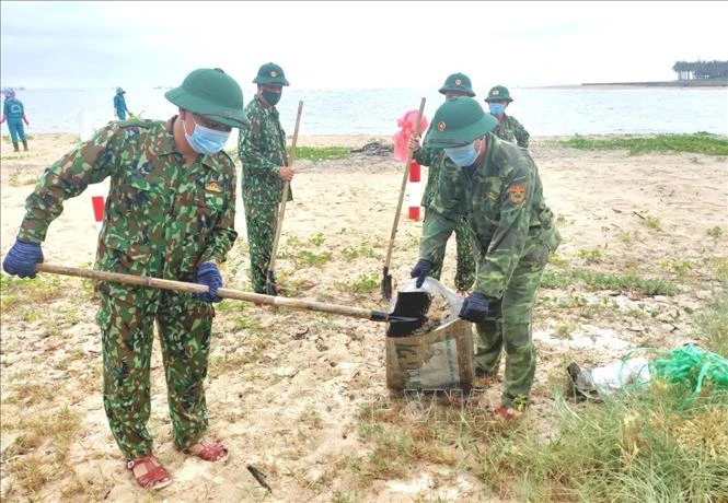 Mỗi hành động nhỏ của các cán bộ, chiến sỹ tuổi trẻ vũ trang tỉnh Quảng Bình sẽ giúp môi trường xanh - sạch - đẹp. Ảnh: Võ Dung - TTXVN